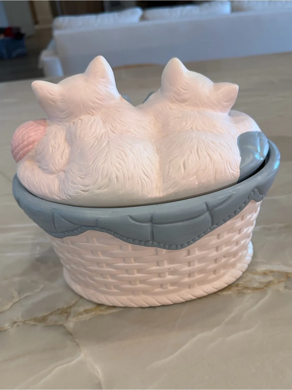 Vintage White Cat Basket Trinket Box with Gray Accents